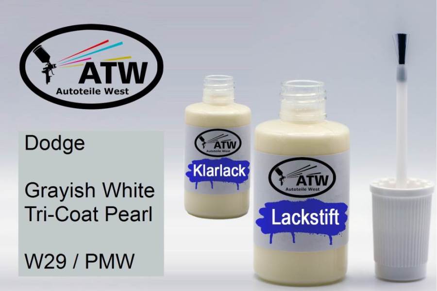 Dodge, Grayish White Tricoat Pearl, W29 / PMW: 20ml Lackstift + 20ml Klarlack - Set, von ATW Autoteile West.